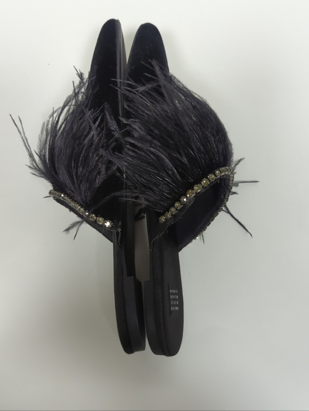 White House Black Market Sz8 Blaire Velvet Feather Mules Slides Rhinestone Chic - Picture 6 of 8